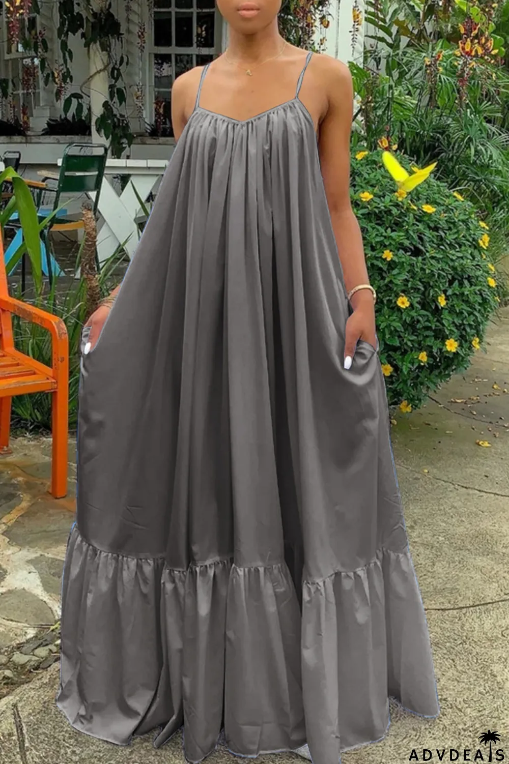 Dark Gray Sexy Casual Solid Backless Spaghetti Strap Loose Sling Dress