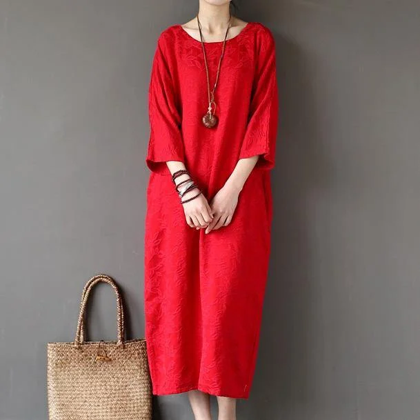 Women back open cotton spring quilting clothes Sleeve red jacquard Maxi Dresses