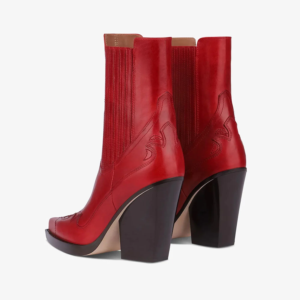 Women's Red Embroidered Pointed Toe High Heel Cool Chelsea Boots