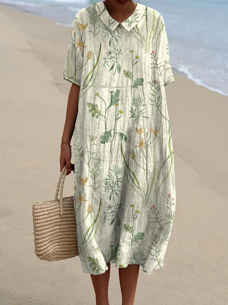 Women's Vintage Floral Art Print Pocket Linen Dress(Convertible Dress With Front And Back Option)