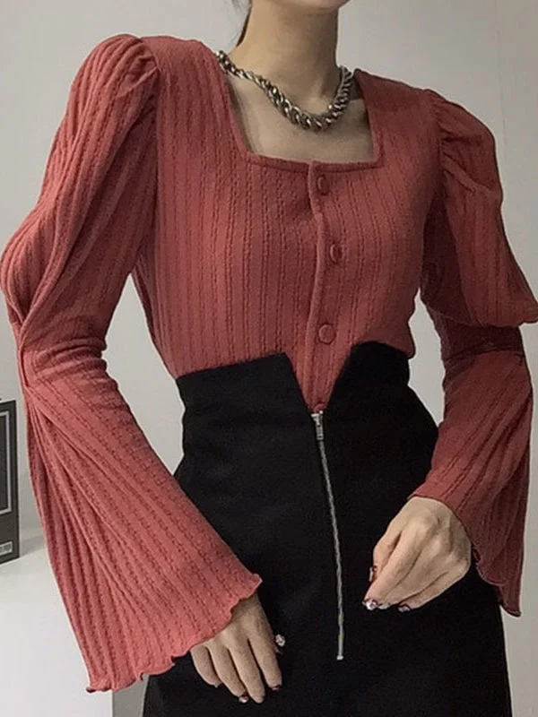 Square Neck Breasted Gathered Flare Sleeve Knit Cardigan Sweater