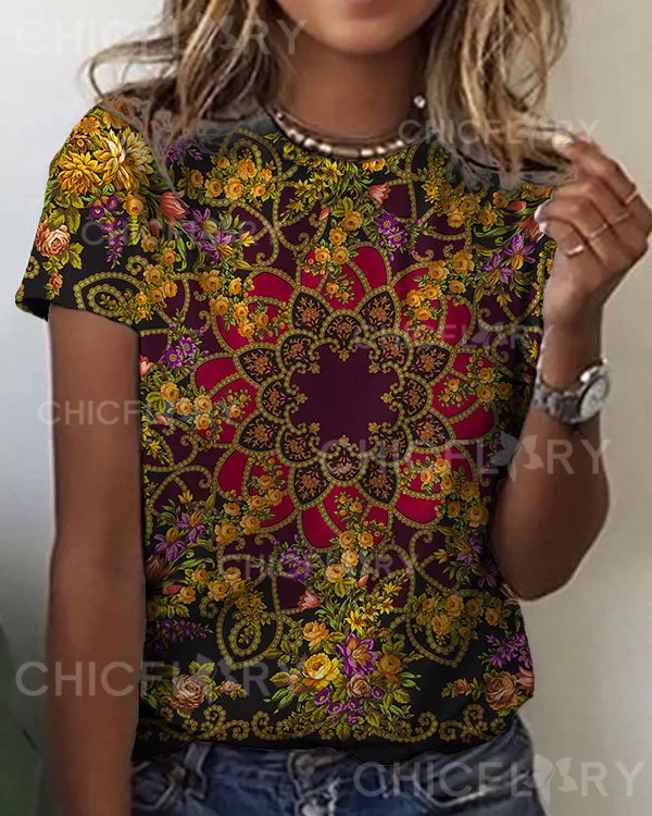 Women's Mandala Floral Pattern Crew Neck T-shirt