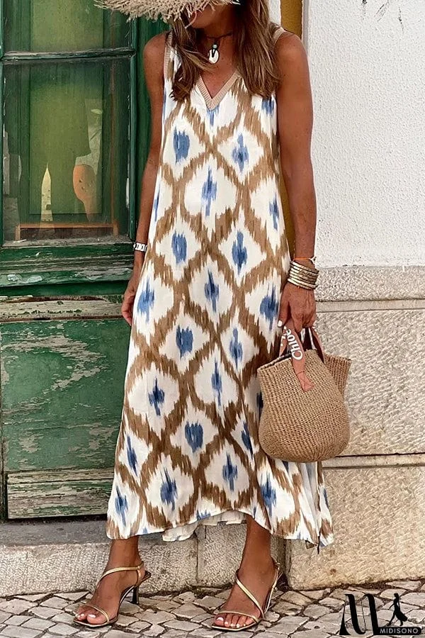 Irregular Print Elastic Waist V Neck Slit Maxi Dress