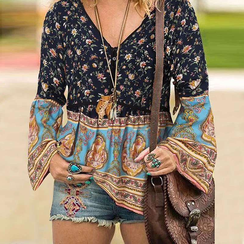 ZANZEA Bohemian Women Floral Printed Holiday Blouse Autumn V Neck Long Sleeve Shirt Female Blusas Casual Vintage Party Tops