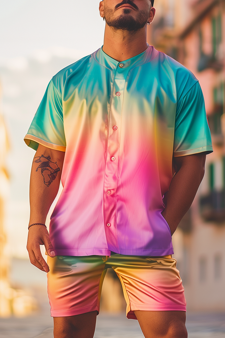 Rainbow Ombre Satin Baseball Shirt Shorts Two Piece Set