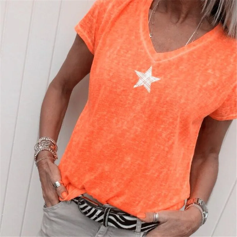Women Short Sleeve Female 2021 Summer V Neck Tops Casual T Shirts Basic Tops Pentagram Bamboo Fiber Women's Tees Plus Size 5XL