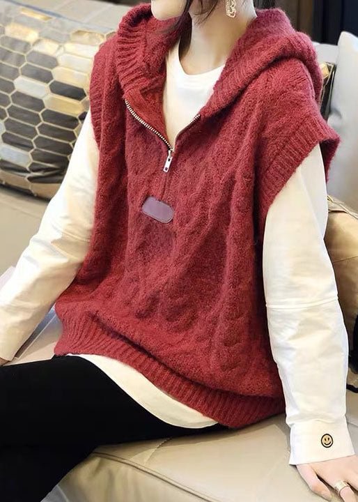 Organic Red hooded zippered Cute Fall Knit Vest CK2846- Fabulory