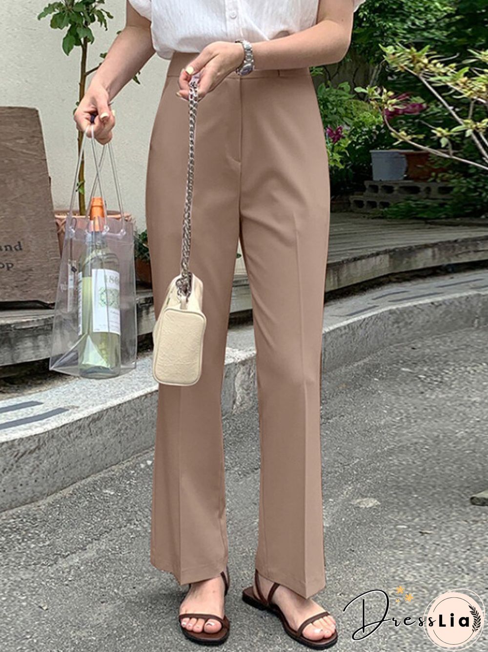 Solid Pocket Zip Front Tailored Pants For Women