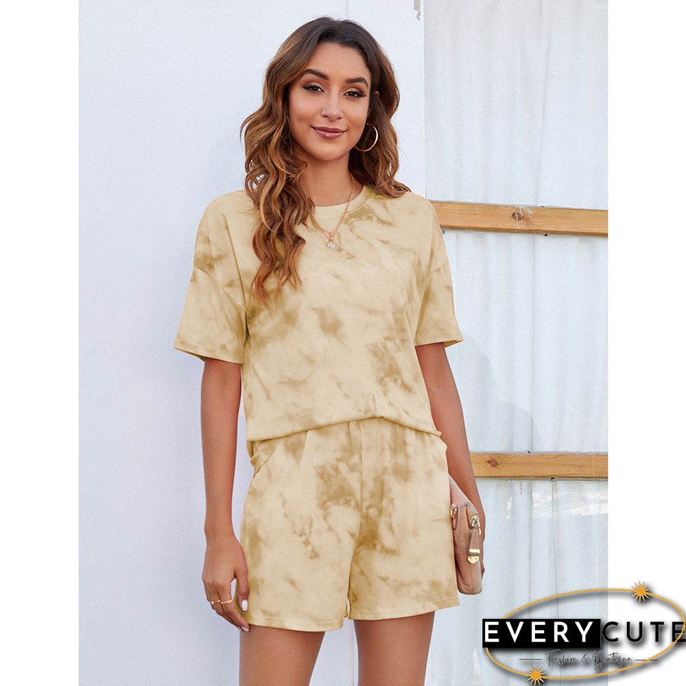 Khaki Tie Dye Short Sleeve Top with Shorts Set