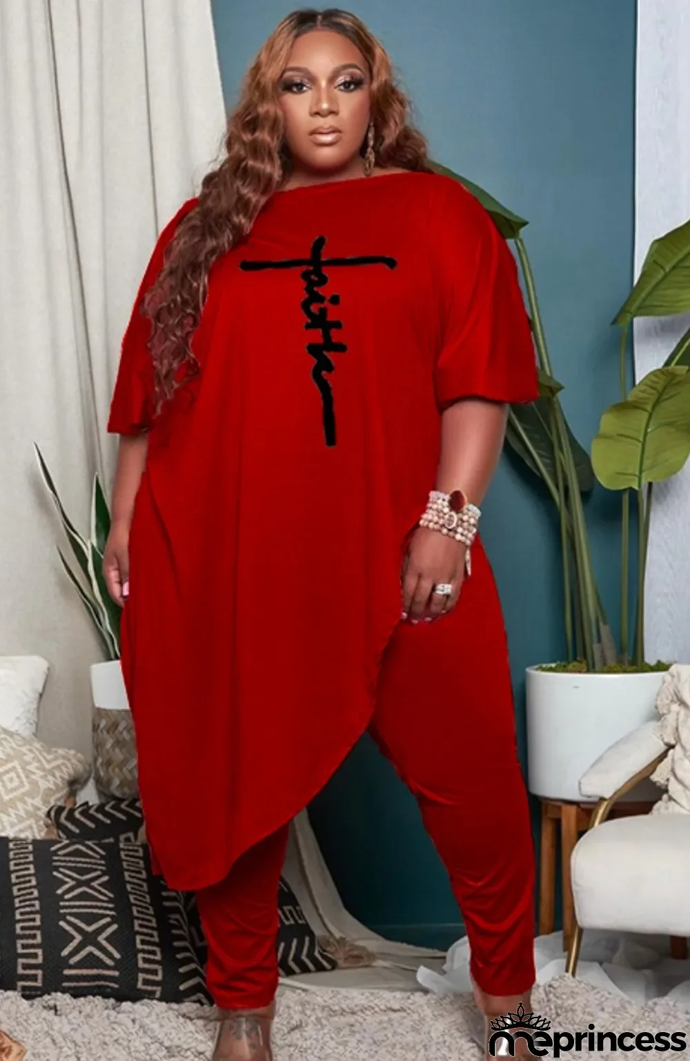 Autumn Plus Size Red Puff Sleeve Irregular Top and Fitted Pants Set