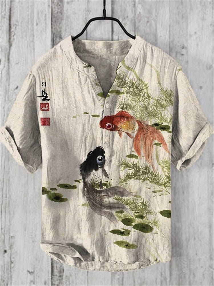 Comstylish Men's Vintage Japanese Art Goldfish Casual Linen Blend Shirt