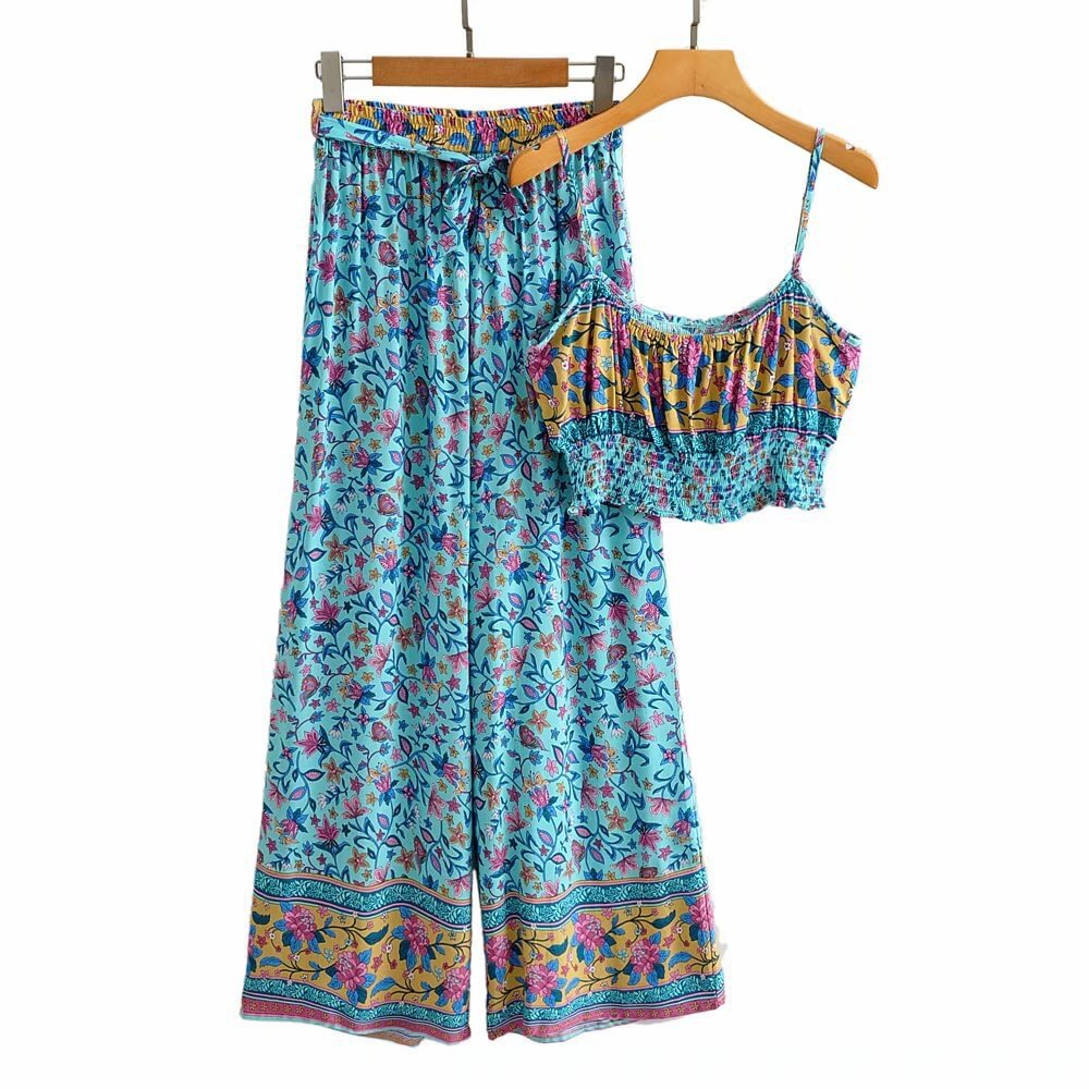 Floral Print 2 Piece Boho Sets for Women 2021 Summer Vintage Sleevless Cotton Short Tops Beach Maxi Pant Female Sets girls
