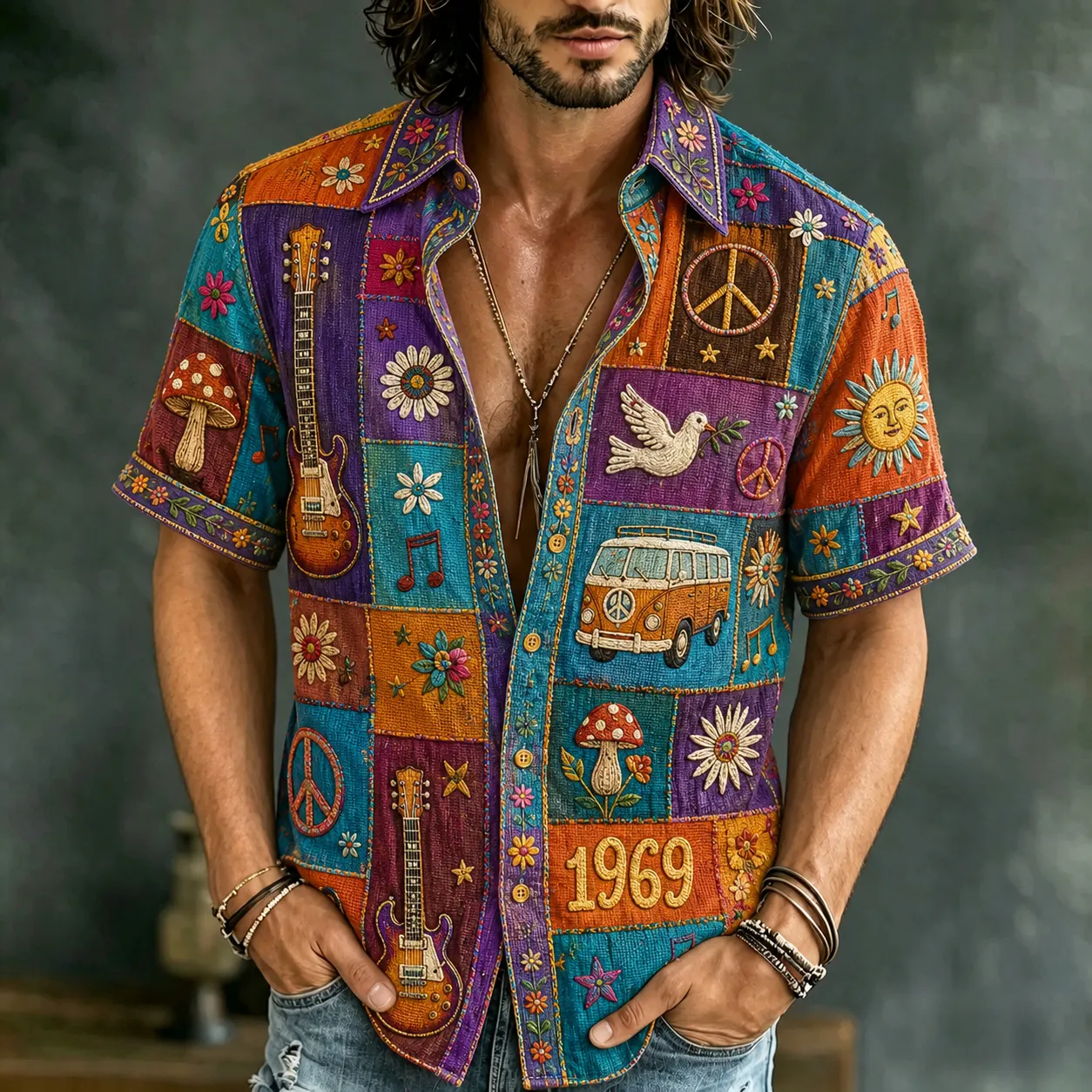 Comstylish Men's Retro Peace Sign And Guitar Hippie Patchwork Print Short-sleeve Shirt