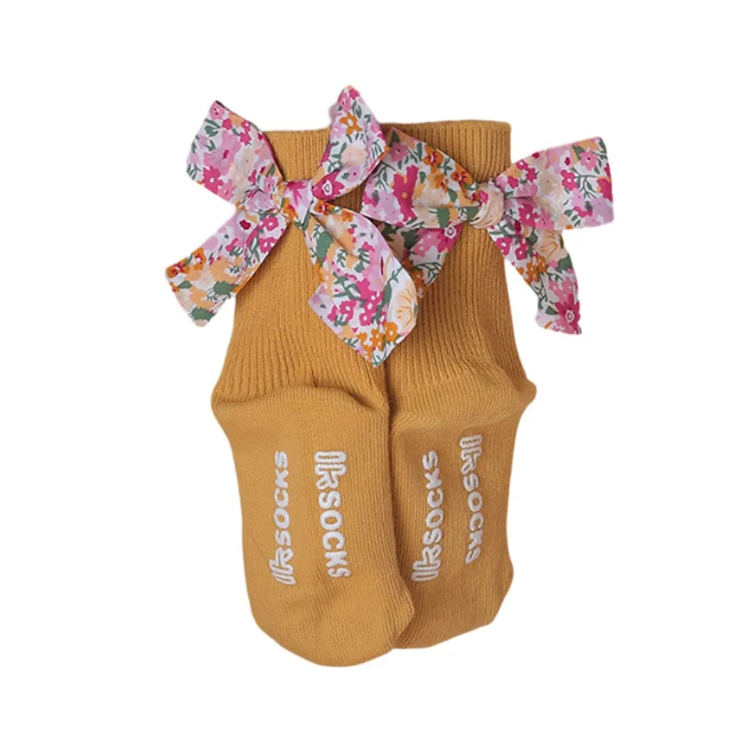 Infant Girls Cute Ribbed Socks Letter Printing Floral Bow Decoration Knitted Warm Non-Slip Breathable Socks 0-5Years