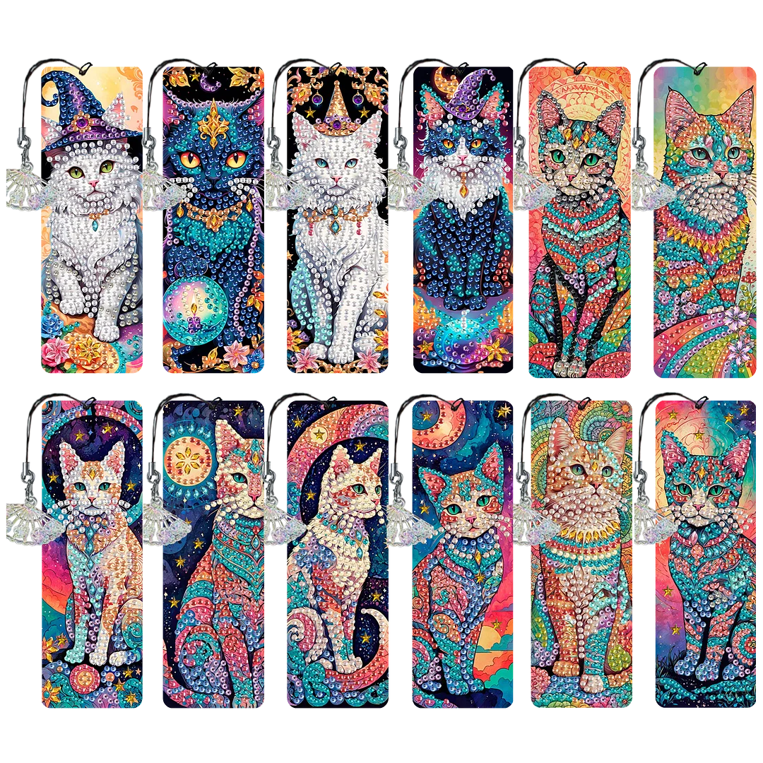 12Pcs Cat DIY Diamond Painting Bookmarks for Book Lovers Mosaic Art Supplies