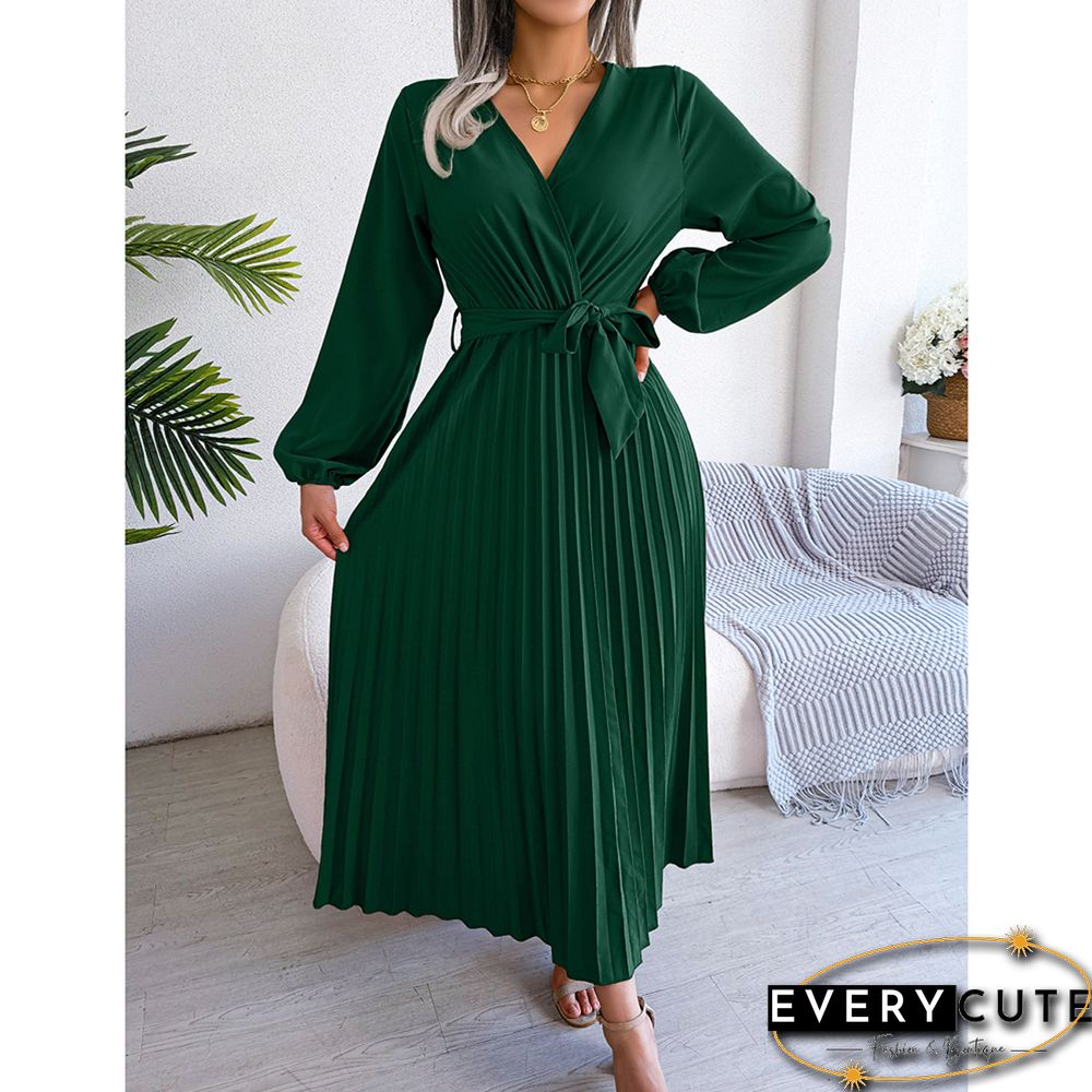 Green Wrap V Neck Pleated Long Sleeve Long Dress