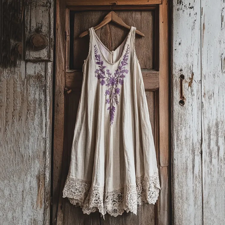 Lunivibe Boho Lavender Embroidered Pattern Lace Linen Dress
