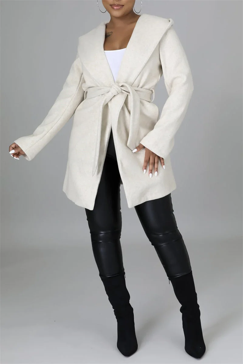 Fashion Casual Solid Cardigan With Belt Turndown Collar Outerwear