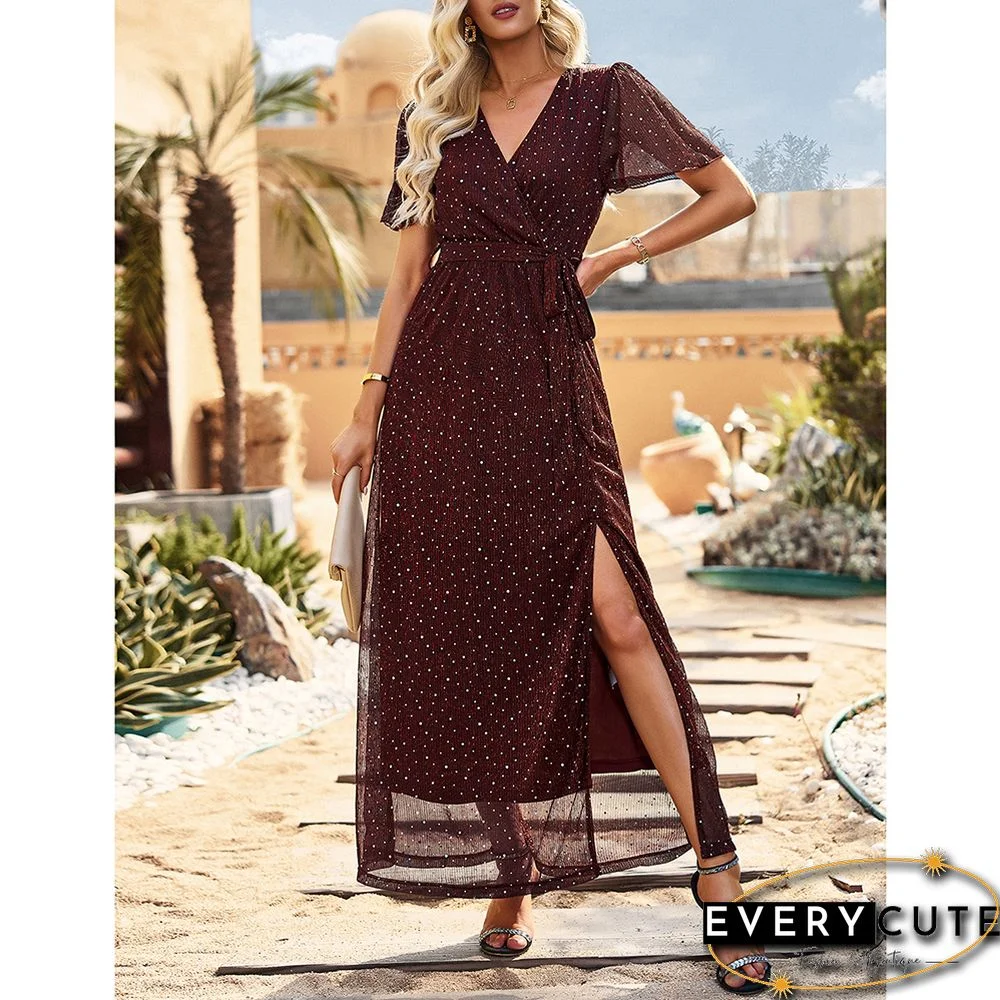 Burgundy Sequined V Neck Split Evening Dress