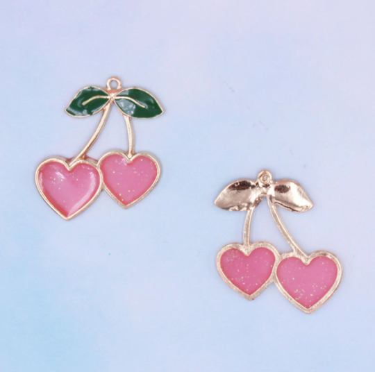 Wholesale Cute Cherry Metal Fruit Charms,Cherry Heart Charm Pendant for Necklace Bracelet Fashion Jewelry Makings DIY 27*32 mm