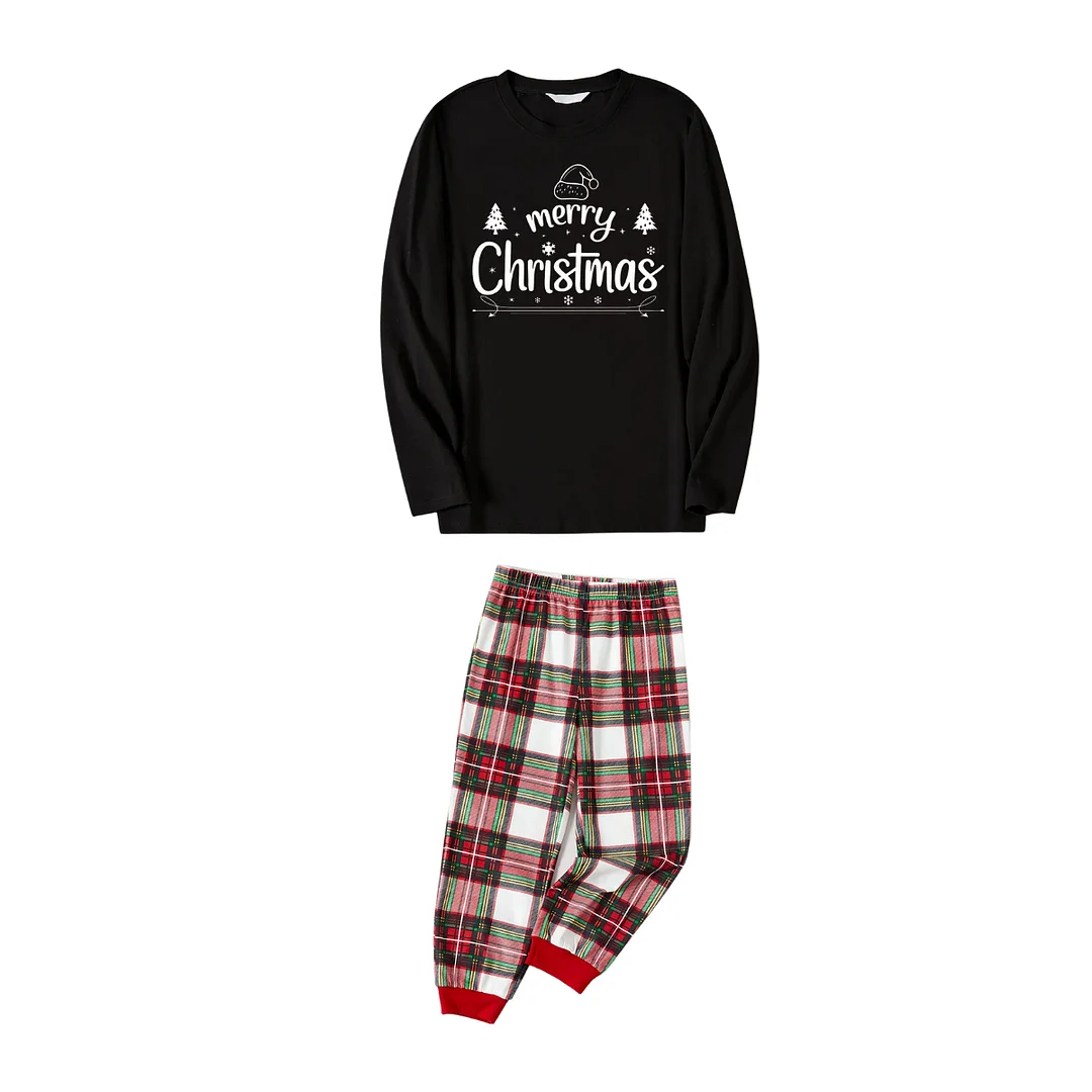"Merry Christmas" White Letter 2024 Black Top with Red & White & Green Plaid Pants Family Matching Pajama