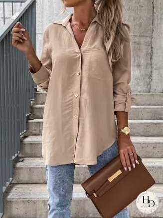 Simple Solid Lapel Button Long Sleeve Blouses