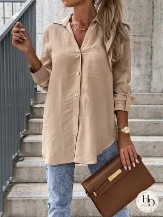 Simple Solid Lapel Button Long Sleeve Blouses