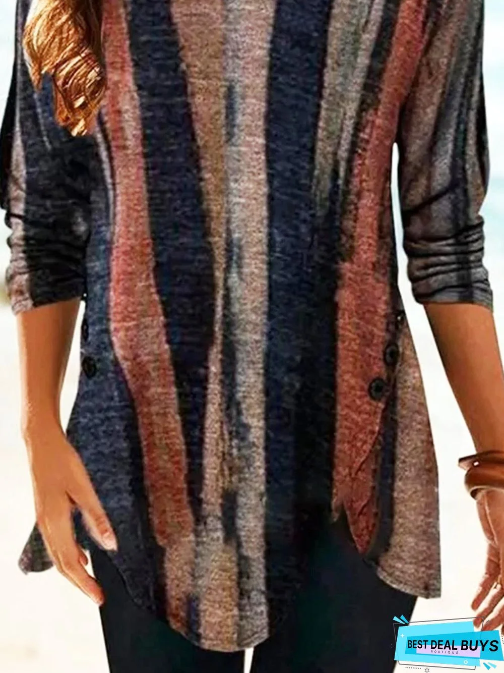 Brown Stripes Printed Casual Long Sleeve Shift Tunic Top