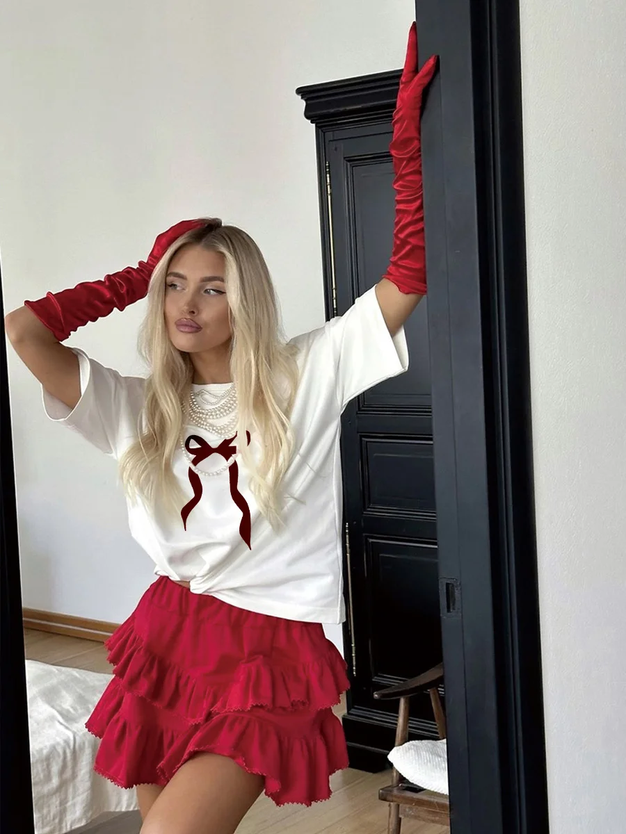 Athvotar Athvotar Sale Of Retro Simple Bow Print T-Shirts For Girls In Summer Loose Round-Neck Pure Cotton Short Sleeves