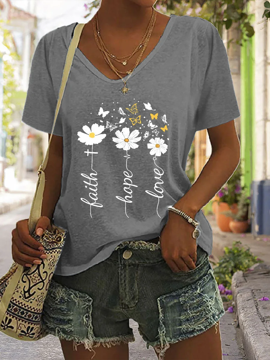 Faith Hope Love Daisy Butterfly V-neck T-shirt