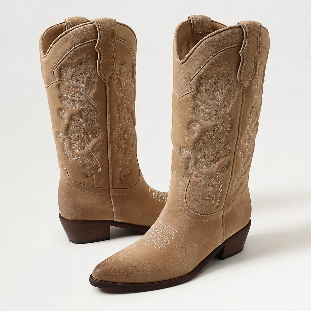 Khaki Closed Toe Block Heel Floral Embroidered Mid Calf Cowgirl Boots