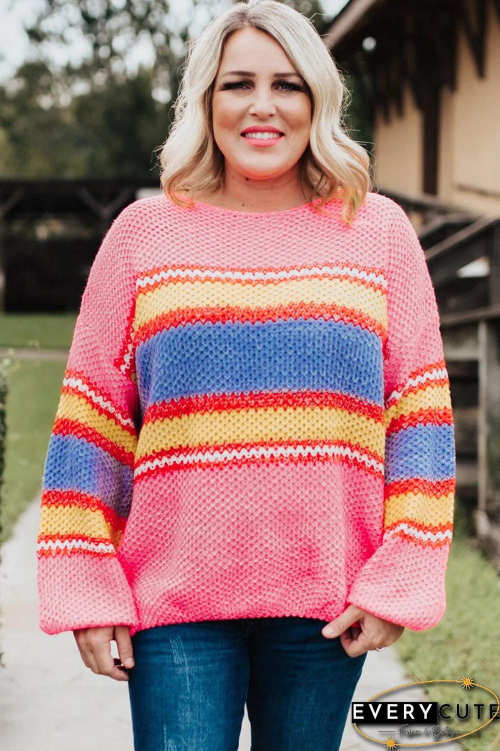 Pink Plus Size Stripe Oversized Sweater