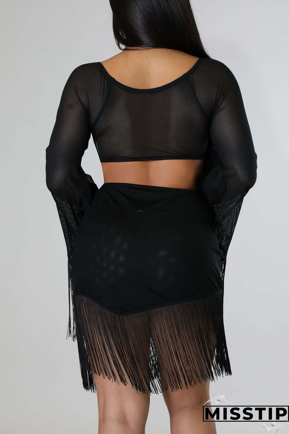 Black Sexy Solid Tassel Patchwork V Neck Long Sleeve Two Pieces