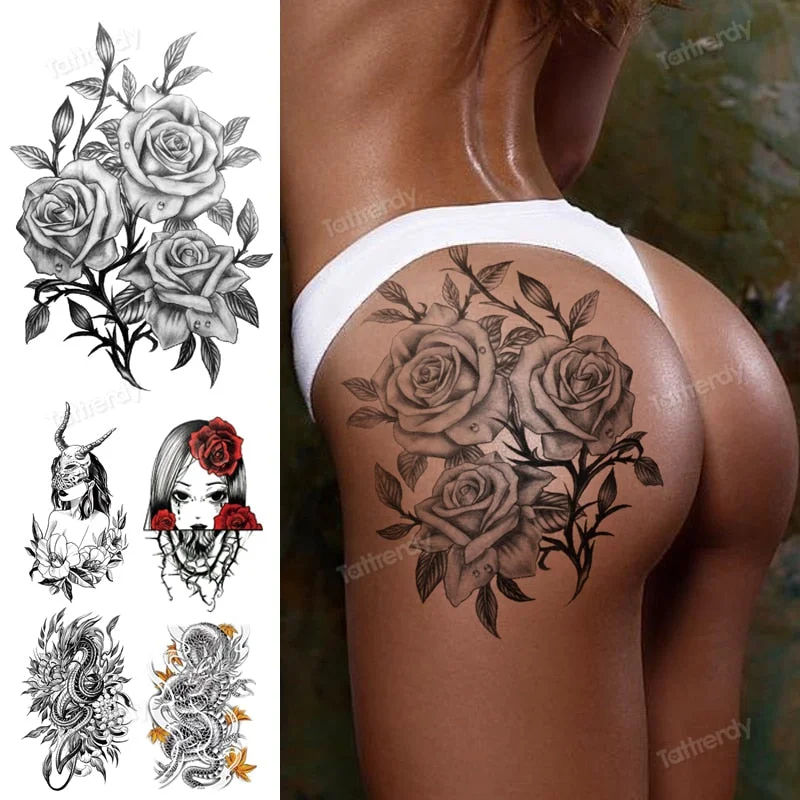 sketch flowers black temporary tattoo stickers waterproof thigh arm body tattoo sleeve anime snake fox lion dark designs women