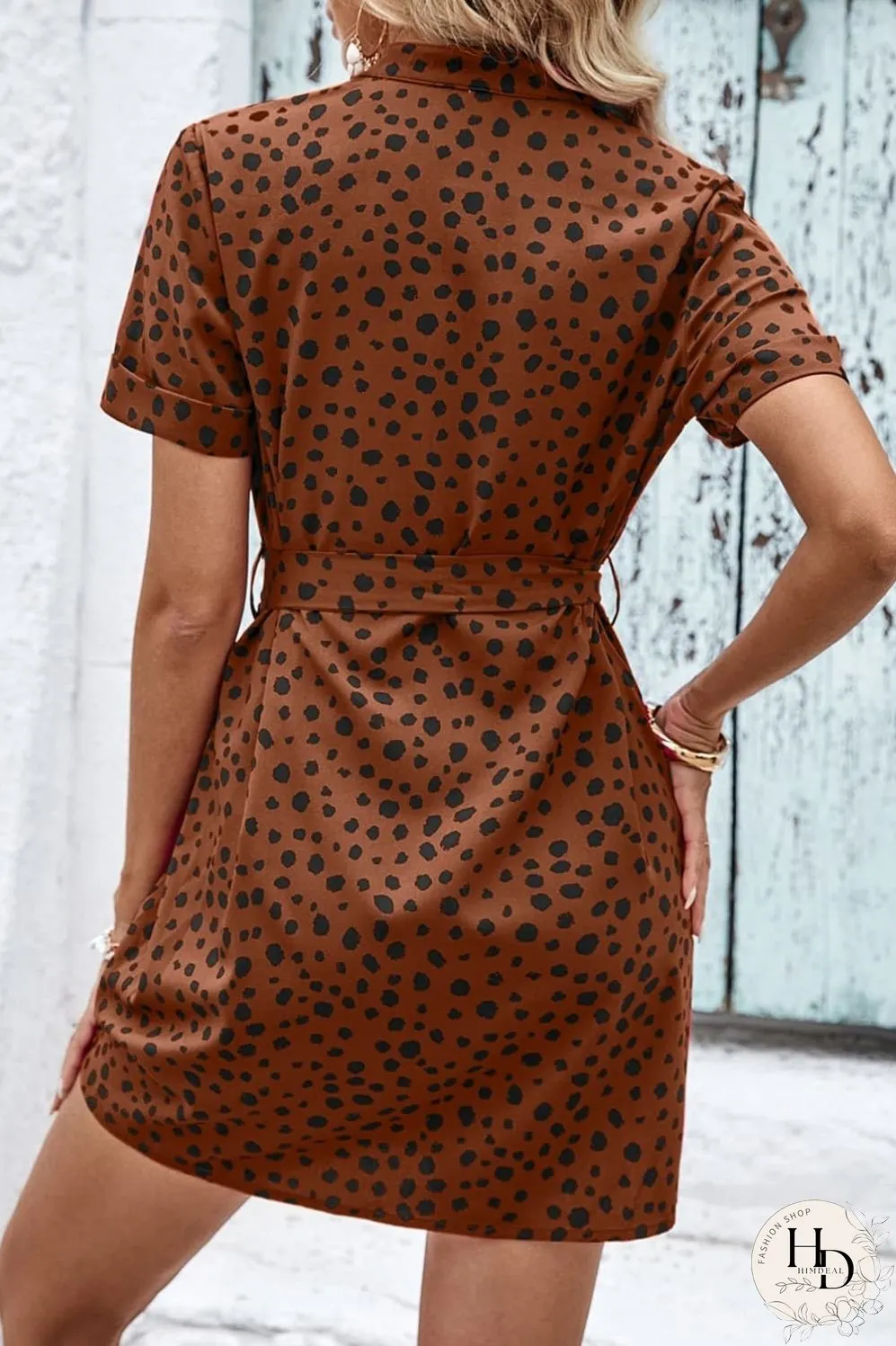 Dotted Short Sleeve Tie Belt Dress