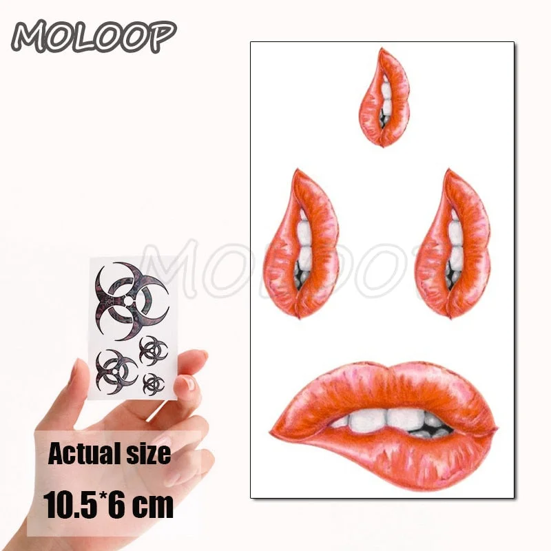 Water Transfer Tattoo Sexy Red Lips Print Tattoo Body Art Waterproof Temporary Fake Flash Tattoo for Man Woman Kid 10.5*6cm
