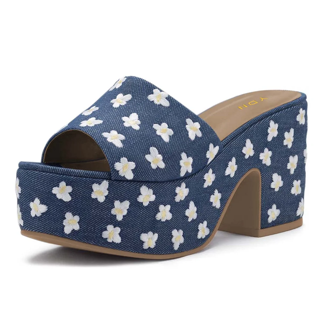 Blue Denim Open Toe Mules White Flower Embroidery Platform Sandals