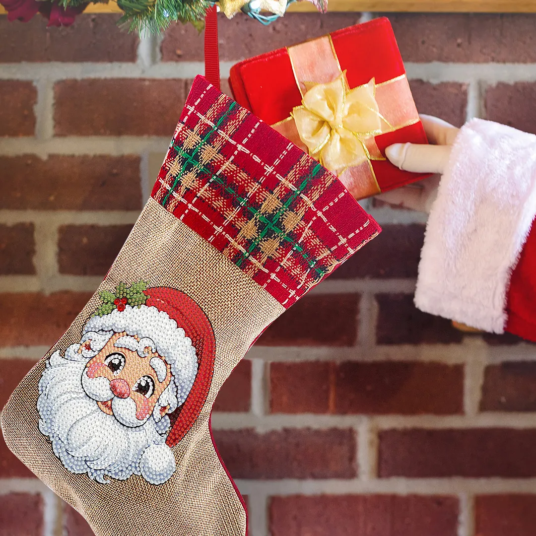 DIY Diamond Painting Christmas Stockings Hanging Ornaments Large Capacity Xmas Socks Pendant Wear Resist Candy Gift Storage Bags for Family Christmas Holiday Party Decoration (Santa Claus head)