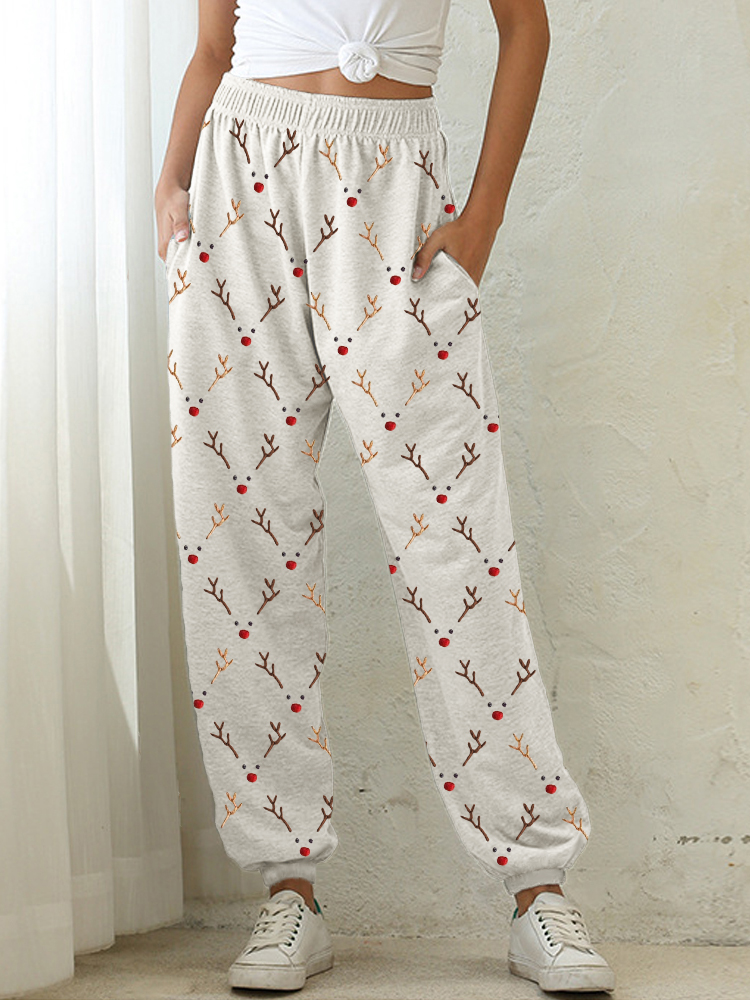 Christmas Reindeer Faces Embroidery Pattern Cozy Sweatpants wearshes
