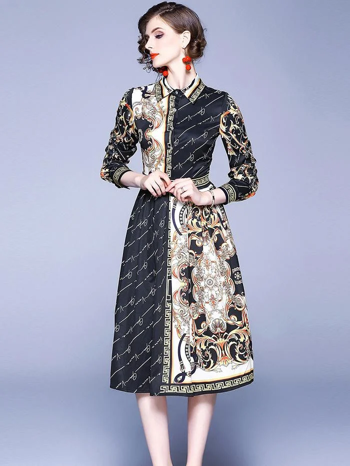 Fashion printed long-sleeved mid-length slim dress