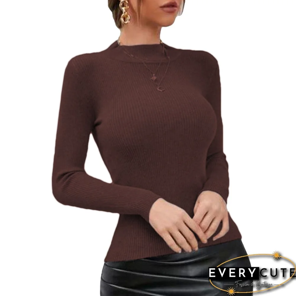 Coffee Mock Neck Knitted Long Sleeve Pullover Tops