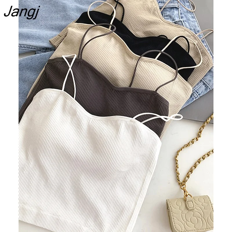 Jangj Tops Women 2022 Cotton Basic Crop Tops Strapy Padded Bra Female Camis Slim Tank Tops Knitted Women Tube Tops Summer