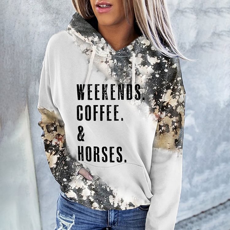 Comstylish Western WEEKENDS. COFFEE. & Horses Print Long Sleeve Hoodie