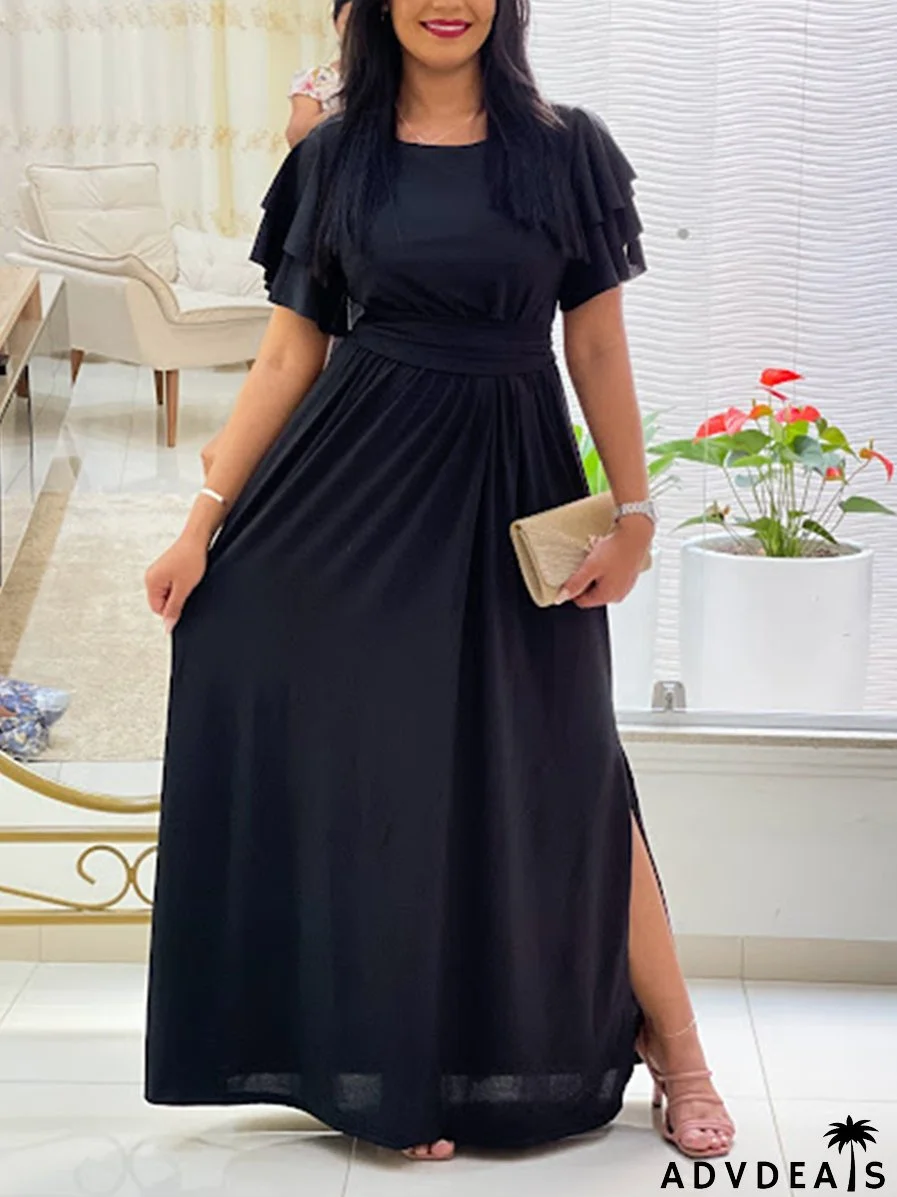 Plus Size Women Long Sleeve Solid Slit Sexy Dress