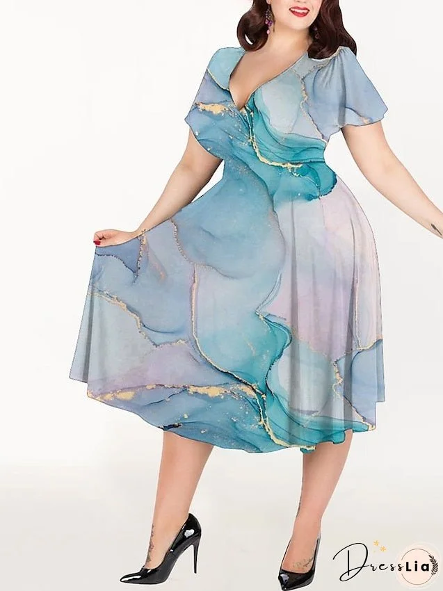 Plus Size Casual Dress A Line Dress Marbling Midi Dress Short Sleeve Print V Neck Elegant Party Pink Blue Summer Spring L XL XXL 3XL 4XL for Women