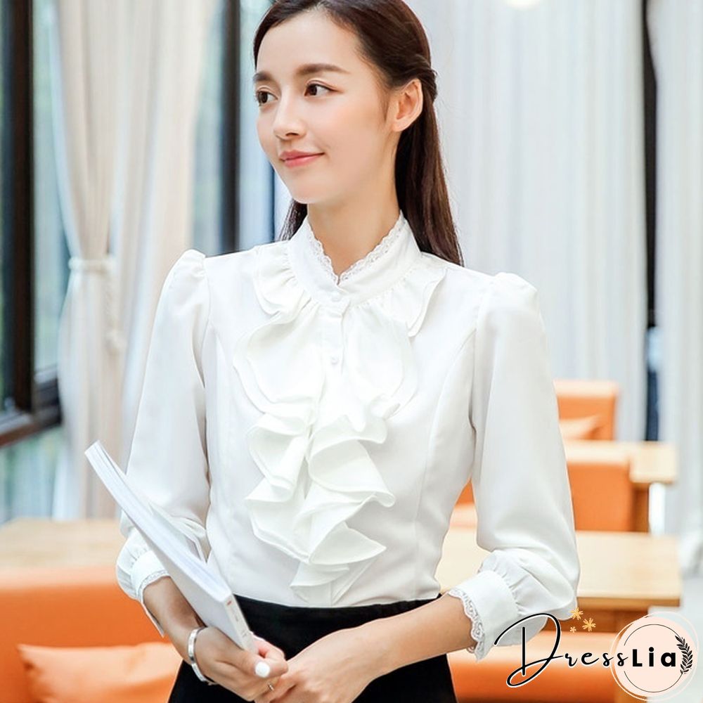 Womens Satin Silk-like Long Sleeve Office Slim Shirt Frill Drape Ruffle Trim Stand Collar Blouse Top