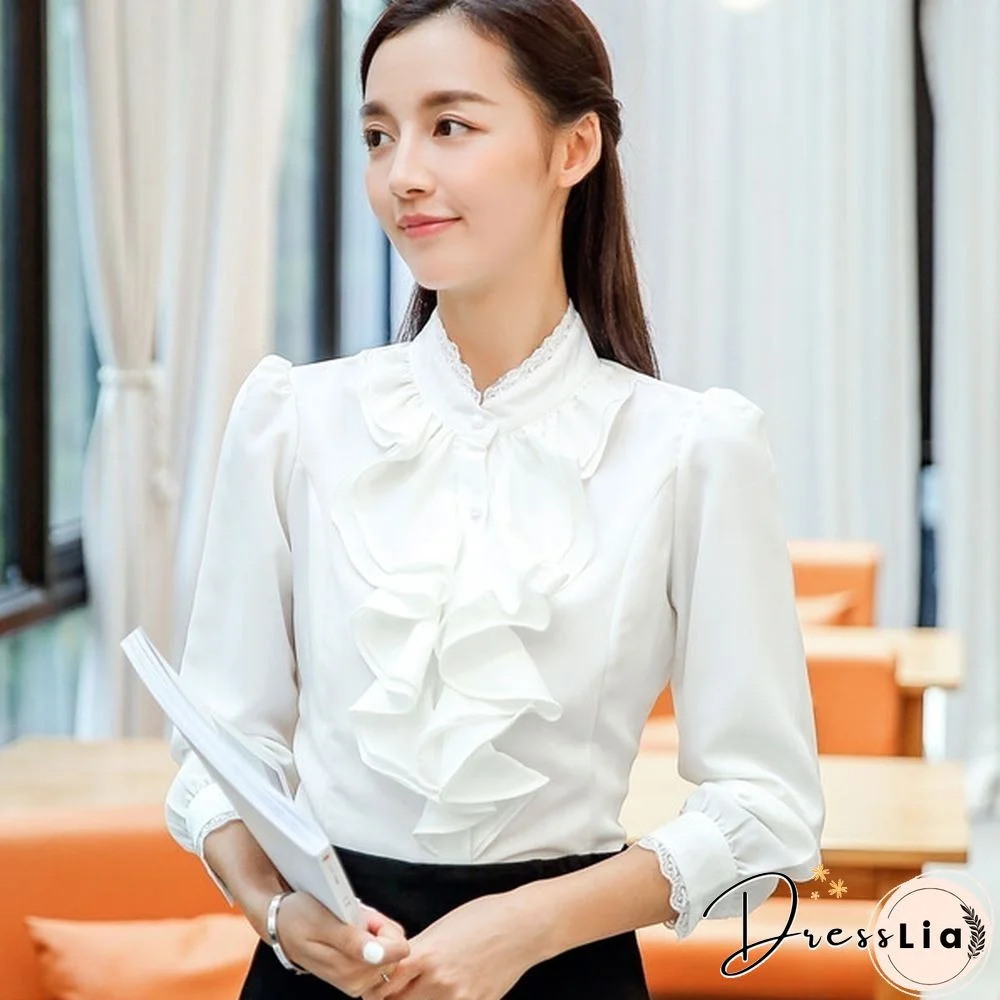 Womens Satin Silk-like Long Sleeve Office Slim Shirt Frill Drape Ruffle Trim Stand Collar Blouse Top