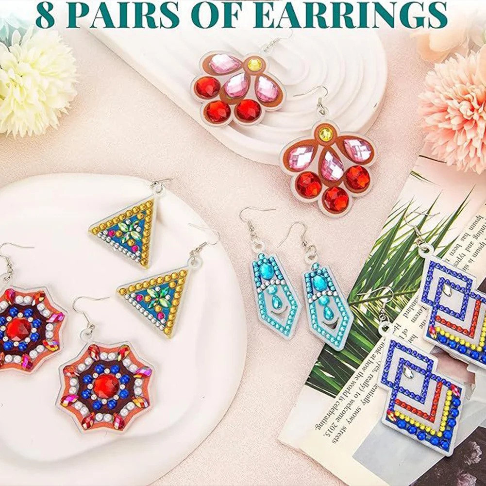 8Pairs Double Sided Diamond Painting DIY Earring Making Kit for Women Girls