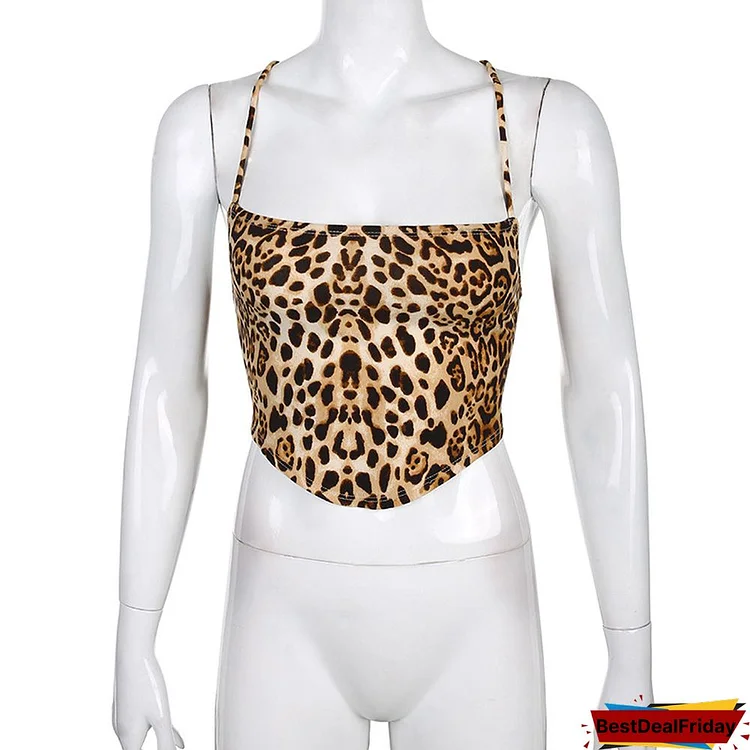 Sexy Tanks Crop Top Women Leopard Backless Bandage Lace Up Summer Sling Open Back Camisoles Vest Fashion Streetwear