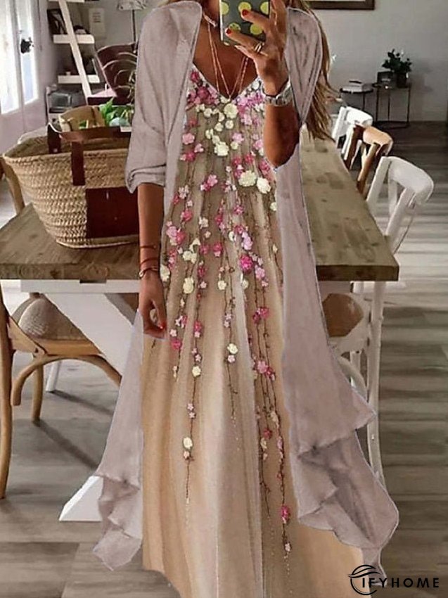Casual Dress Dress Set Two Piece Dress Long Dress Maxi Dress Purple Brown Green Half Sleeve Flower Print Summer Spring V Neck Fashion Vacation S M L XL XXL 3XL for Women | IFYHOME